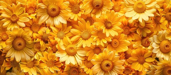 yellow daisies on a yellow backdrop top view. with copy space image. Place for adding text or design