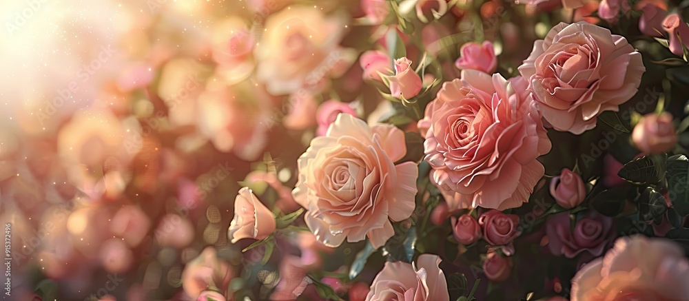 Poster Delicate roses create a frame with blooming flowers providing a festive backdrop soft pastel card selective focus and toned. with copy space image. Place for adding text or design