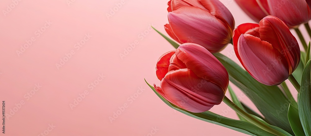 Poster lovely red tulips rest on a soft pink background. with copy space image. place for adding text or de