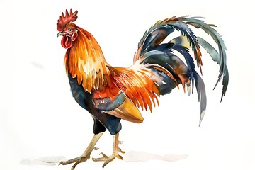 Fototapeta premium Watercolor Illustration of a Rooster with Vibrant Feathers.