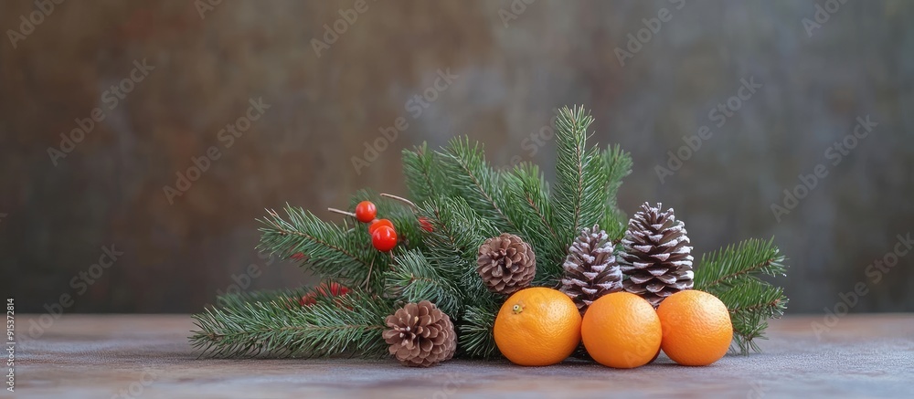 Poster on the table sits a bouquet of fir branches with cones tangerines and christmas tree decorations cra