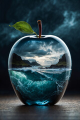 A double exposition that combines a stormy sea and a glass apple. The sea serves as a background, a translucent glass figure of an apple, the sea inside.