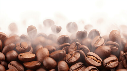Obraz premium Close-up of coffee beans and blurry steam patterns rising on white background