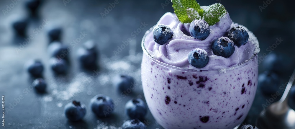 Poster blueberry cream treat in a glass. with copy space image. place for adding text or design
