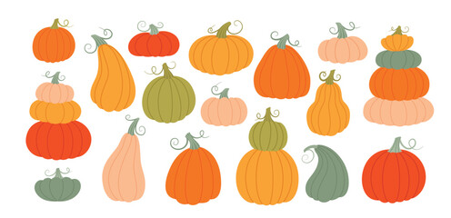Pumpkins set. Harvest festival. Big collection of various pumpkins. Flat style illustration of vegetables isolated on white background.