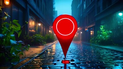 A red glowing map pin on a cobblestone street in a dimly lit alleyway. - Powered by Adobe
