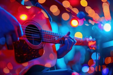 Obraz premium Acoustic Guitar with Blurred Lights.
