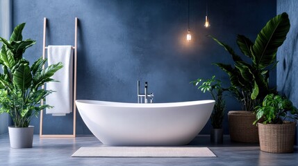 A freestanding tub sits elegantly in a calming blue bathroom, embraced by vibrant plants and soft pendant lights, creating a peaceful retreat