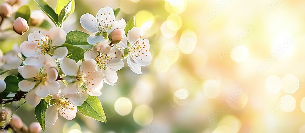Poster spring greeting card with copyspace close up of blooming spring trees