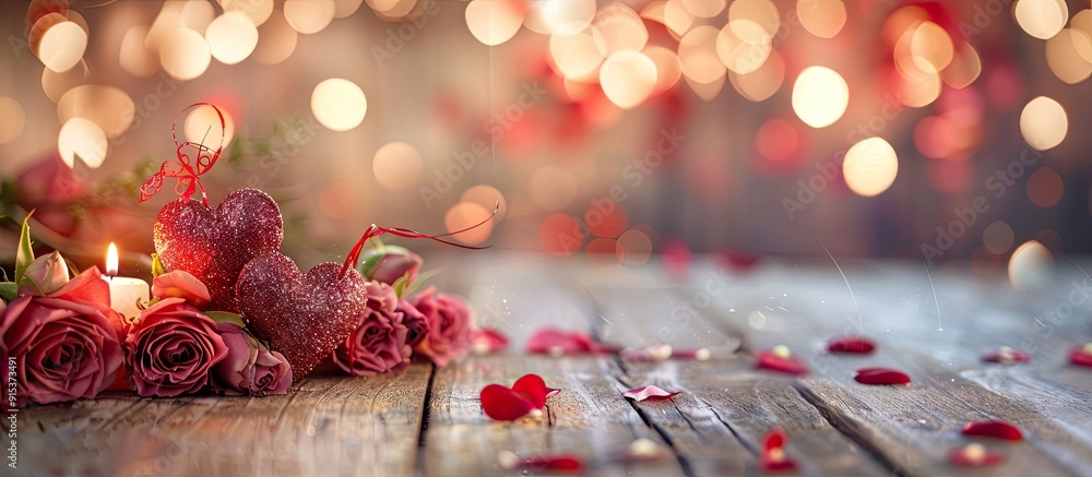 Poster valentine s day and love heart decoration concept with a blurred wooden background. with copy space 