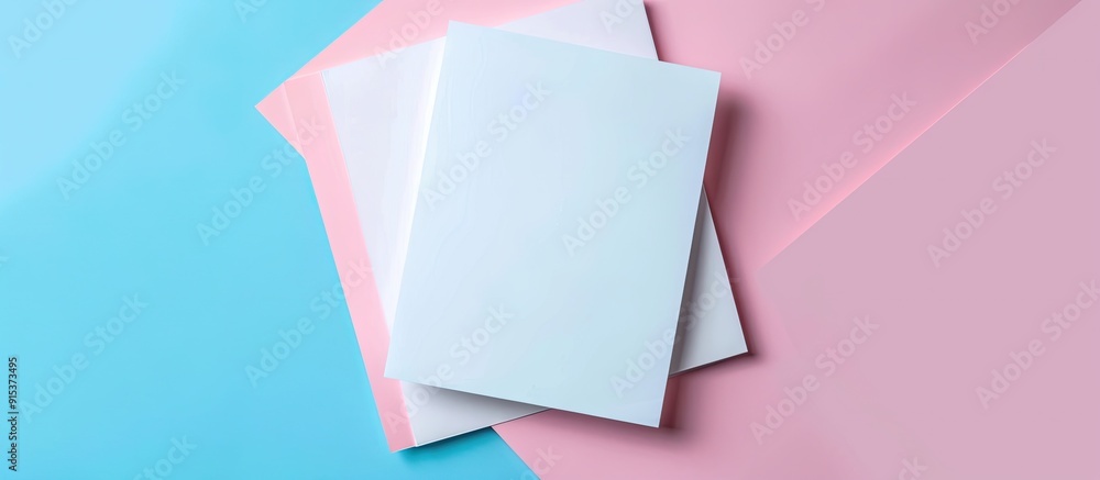 Aufkleber top view of a blank a4 paper brochure mockup card on a light blue and pink pastel background. with c