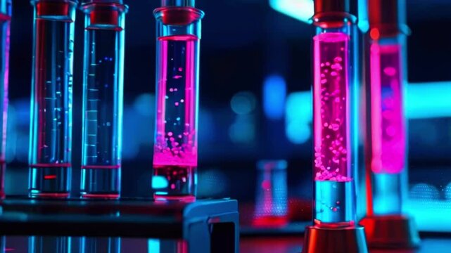 Close up of test tubes with red and blue liquid in a laboratory setting.