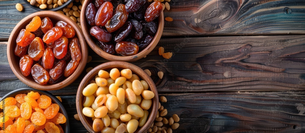 Poster Bowls filled with dried dates on a light background. with copy space image. Place for adding text or design