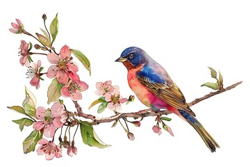 Obraz premium Watercolor Illustration of a Bird Perched on a Branch of Spring Blossoms.