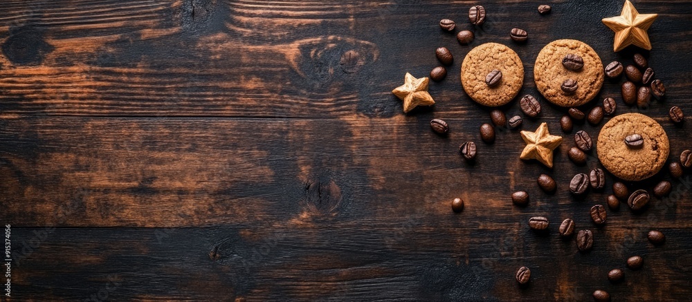 Poster cookies coffee beans and stars arranged on a dark wooden surface. with copy space image. place for a