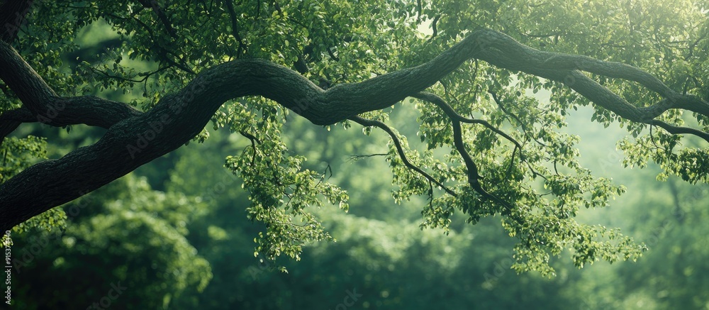 Leinwandbilder green tree branches in a summer woodland botanical backdrop. with copy space image. place for adding