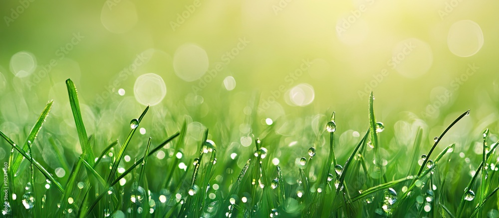 Poster close up clear image of green grass adorned with dew drops. with copy space image. place for adding 