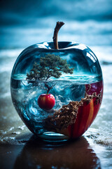 A double exposition that combines a stormy sea and a glass apple. The sea serves as a background, a translucent glass figure of an apple, the sea inside.