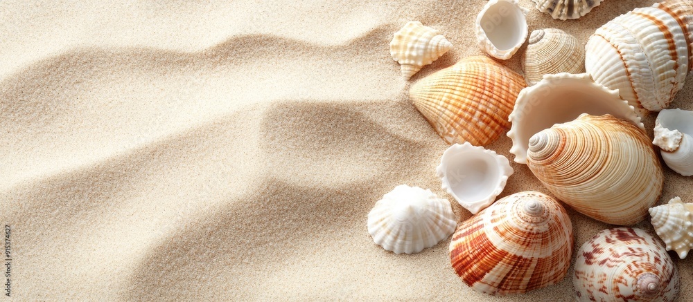 Poster sea shells set against a sandy background with copy space