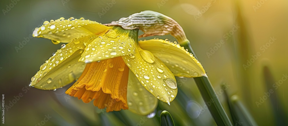Aufkleber Daffodil plants featuring raindrops on their leaves. with copy space image. Place for adding text or design