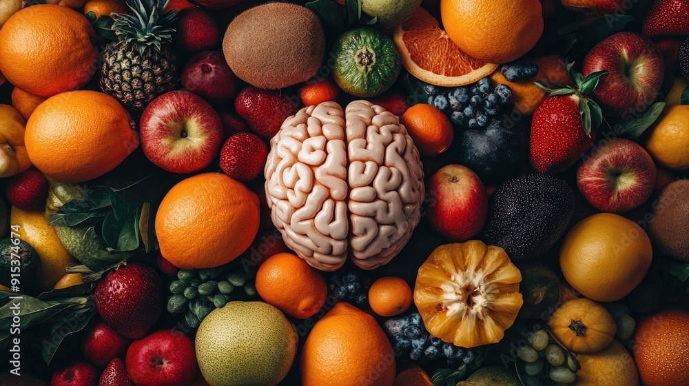 Aufkleber brain surrounded by vibrant fruits, emphasizing the connection between a healthy diet and cognitive 