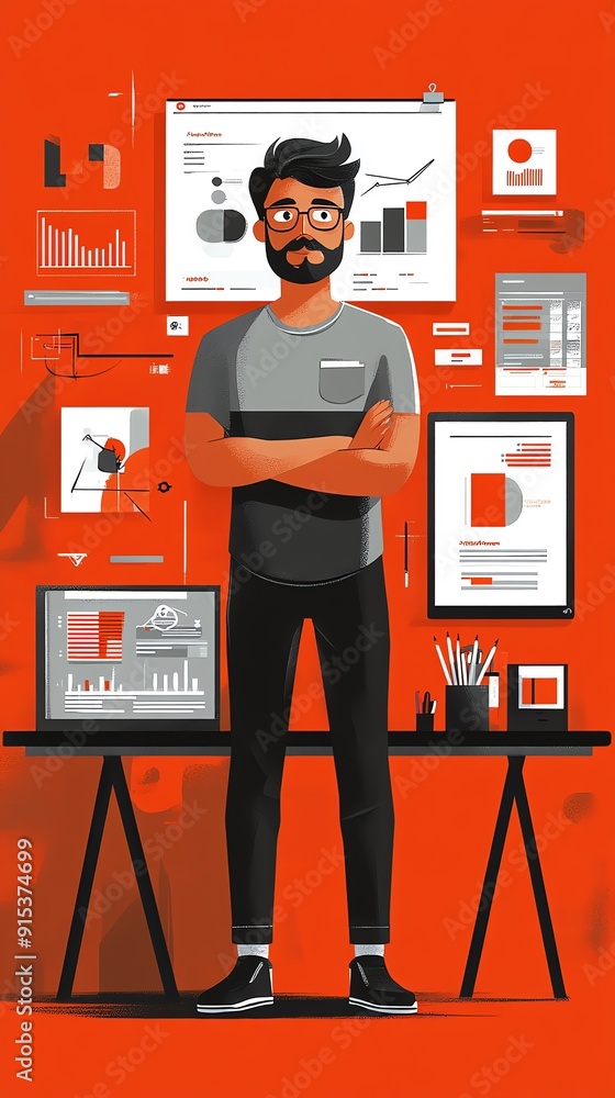 Leinwandbilder businessman standing confidently in front of a desk with charts and graphs.