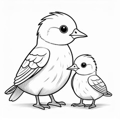 Fototapeta premium black and white digital illustration of bird and baby bird.