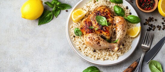 Cooked whole chicken and brown rice accompanied by salt pepper basil fried lemon knife and fork on a white textured background Top view flat lay Copy space