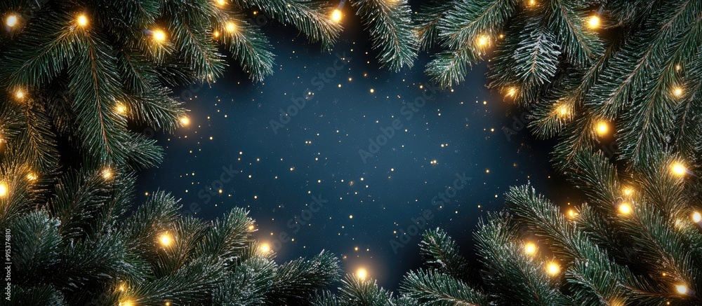 Aufkleber christmas background featuring a frame of fir branches lights and copyspace