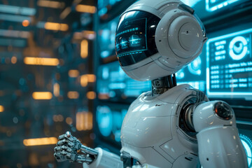 Fototapeta premium High-tech diagnostics with a robotic assistant based on artificial intelligence. The doctor interacts with an intelligent machine that analyzes the patient's data.