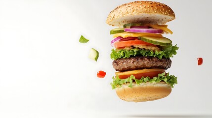 Burger with flying ingredients. Delicious monster Hamburger cheeseburger explosion concept with a white background