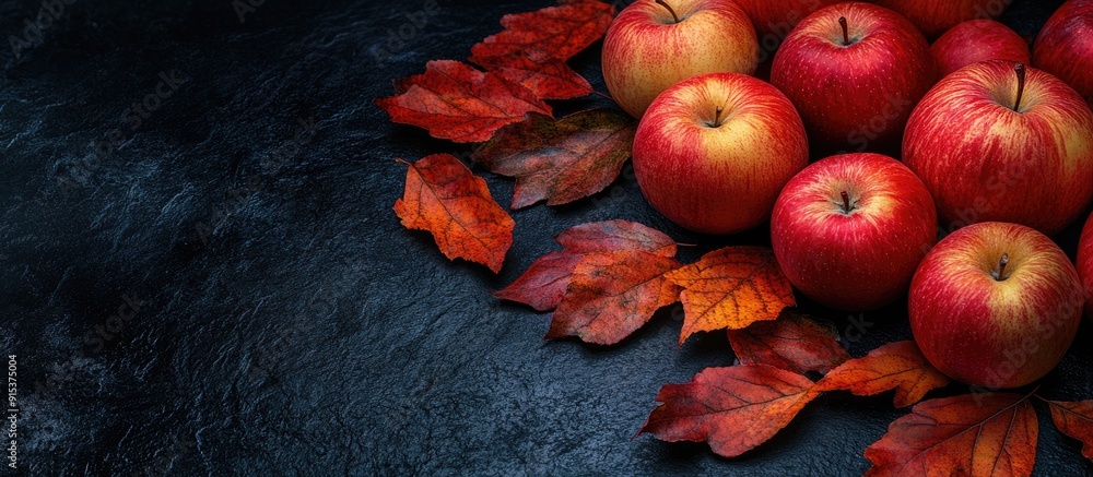 Poster apples and fall leaves on a black background. with copy space image. place for adding text or design