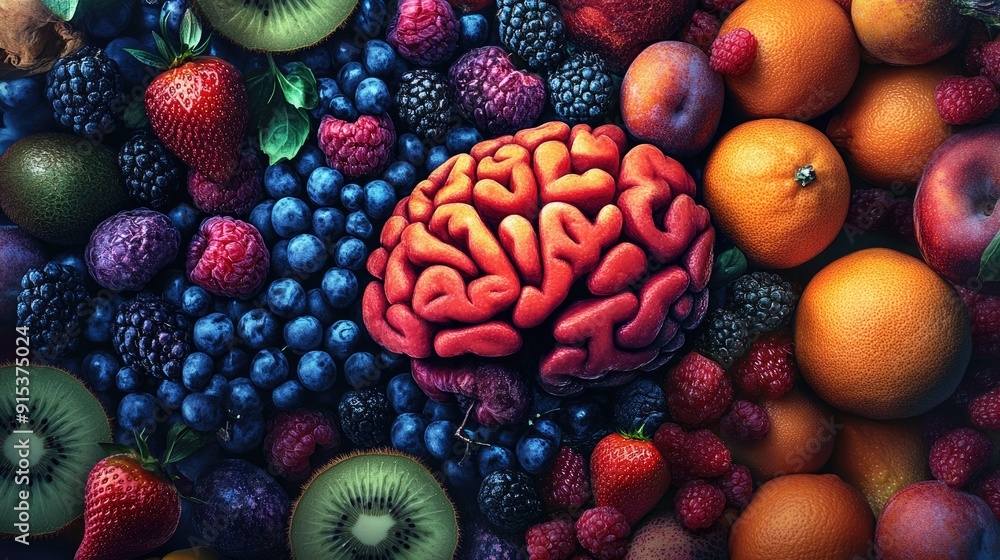 Aufkleber brain surrounded by vibrant fruits, emphasizing the connection between a healthy diet and cognitive 
