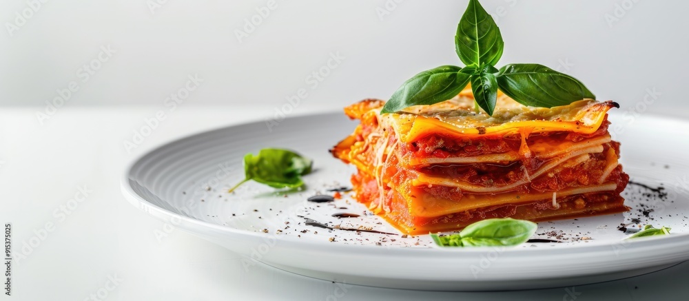 Poster lasagna homemade italian lasagna featuring bolognese meat sauce cheese and basil on a white plate cl