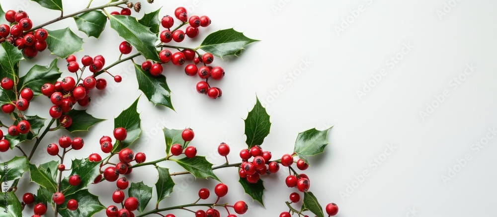 Aufkleber arrangement of red holly berries and green branches on a white background natural winter decoration 