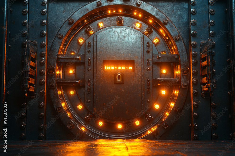 Fototapete 3d rendering of a steel bank vault door with light shining through the lock in a close-up view. the 