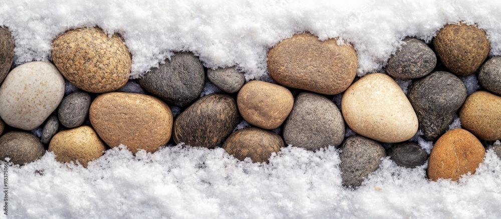 Poster Texture of small stones with snow Background of pebbles and ice Abstract backdrop texture pattern frame area for text copy space