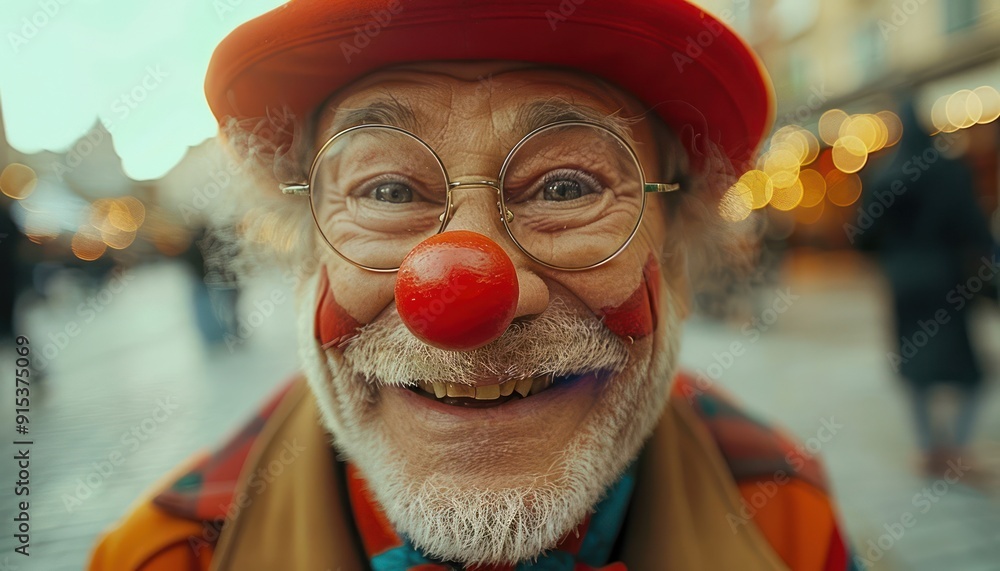 Wall mural smiling clown in glasses brings joy and happiness to street performance, a festive moment of laughte