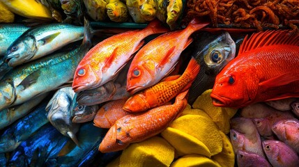 "A crisp top view of fresh fish displayed at the market, captured in vivid detail with no noise, showcasing their natural freshness and appeal 
