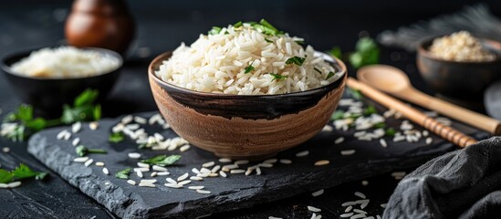 Asian food concept featuring Thai jasmine long grain rice in a ceramic bowl and bamboo tray on a black slate board background with copyspace