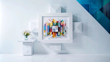 Modern abstract artwork in a white room with white table and flowers.