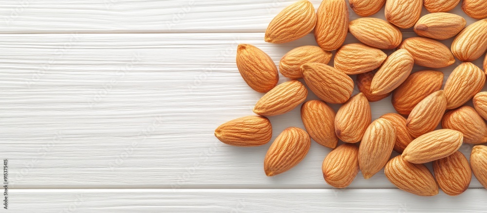 Leinwandbilder almonds background of a white wooden table. with copy space image. place for adding text or design