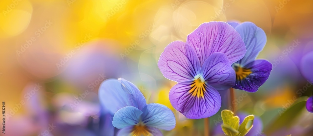 Poster beautiful violet flower against a yellow background toned image natural spring art backdrop selectiv