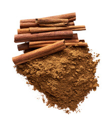cinnamon sticks and cinnamon powder isolated on a white background, top view.