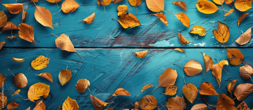 Poster Autumn leaves border the left side of a blue structured background from a top view Fall Border features yellow and orange leaves creating a vintage background table with copy space Ideal for your des
