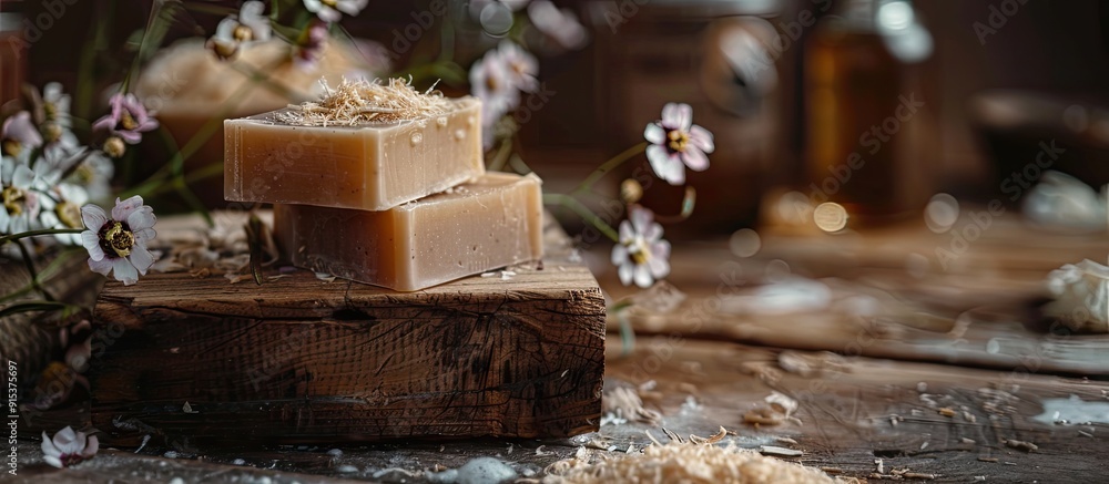 Poster cosmetic creams and natural soaps on a wooden surface. with copy space image. Place for adding text or design