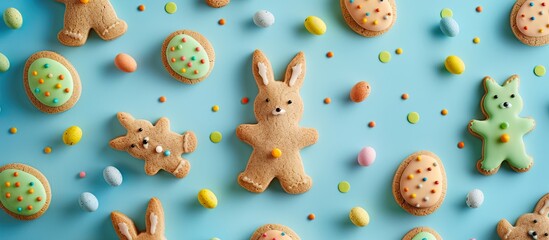 Food banner Seamless pattern Adorable bunny decoration Conceptual art Abstract backdrop Charming rabbit shaped gingerbread cookies with green icing set against a blue textured background