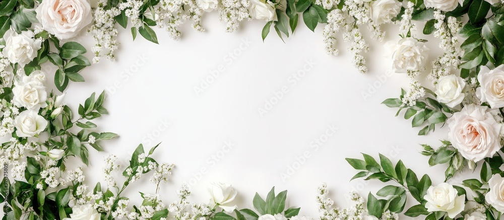 Aufkleber Mockup of a spring postcard featuring a frame of white acacia flowers roses and green leaves Floral backdrop. with copy space image. Place for adding text or design