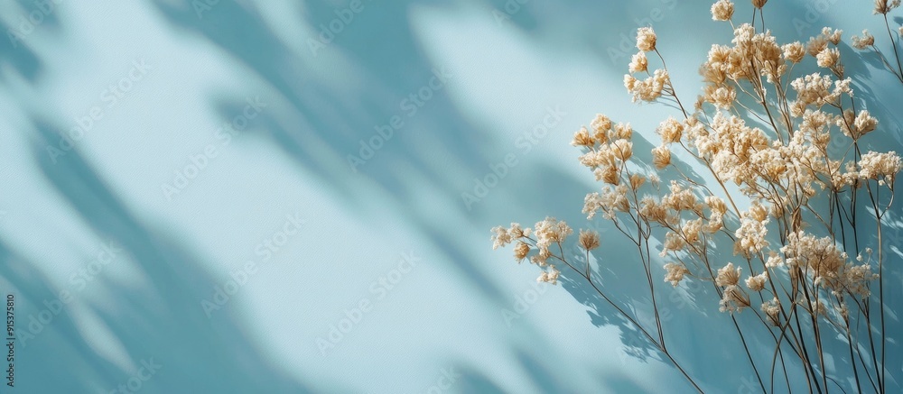 Aufkleber Blank dotted card featuring dried flowers with natural sunlight and shadows on a baby blue background. with copy space image. Place for adding text or design