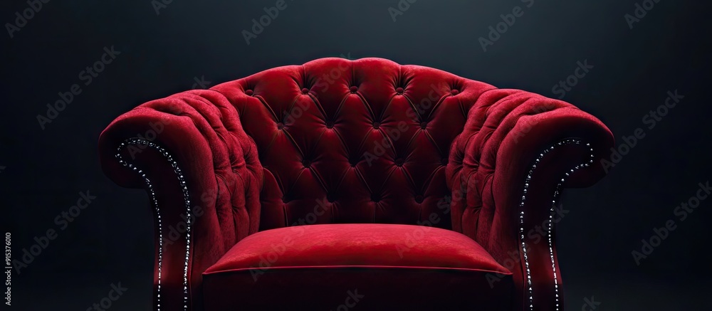 Poster Dark red velvet chair featuring buttons. with copy space image. Place for adding text or design